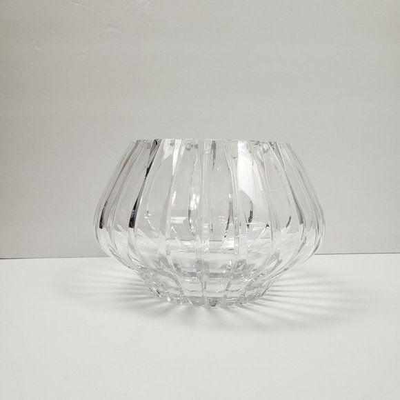 Vintage Ceska Czech Crystal Glass Rose Bowl Vase Vertical Lines Signed - Picture 3 of 8